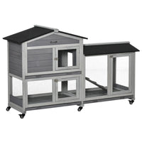 HKM-1828157 62" Wooden Rabbit Hutch with Wheels, Slide-out Tray, and Ramp for Small Pets