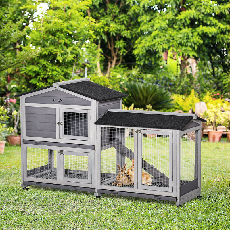HKM-1828157 62" Wooden Rabbit Hutch with Wheels, Slide-out Tray, and Ramp for Small Pets