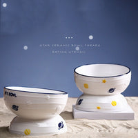 HKM-182931 Ceramic Cat Food Bowl with Planet Print - Slanted Tall Design, 13.5cm Diameter