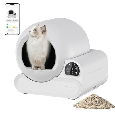 HKM-183187 Self-Cleaning Cat Litter Box with Large Capacity and Automatic Features, Round Design, 65L Space