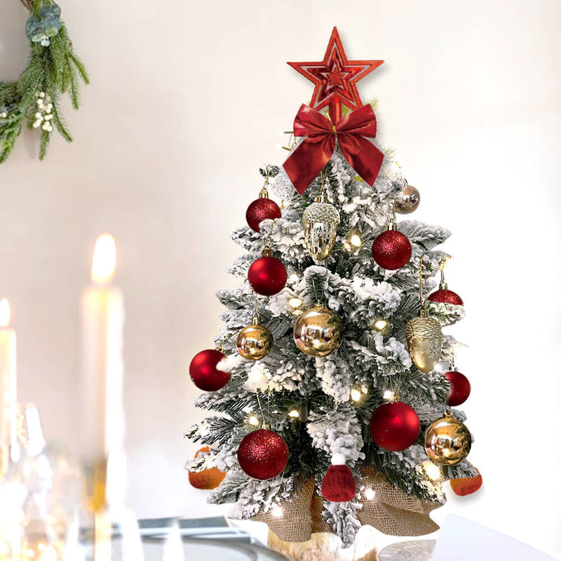 HKM-183507 2ft Mini Christmas Tree with Lights - Artificial Flocked Snow Tabletop Decoration for Home and Office