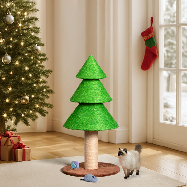 HKM-1835709 Christmas Tree Cat Scratcher Tower – 31.5in Indoor Cat Scratching Post with Sisal and Fleece Base