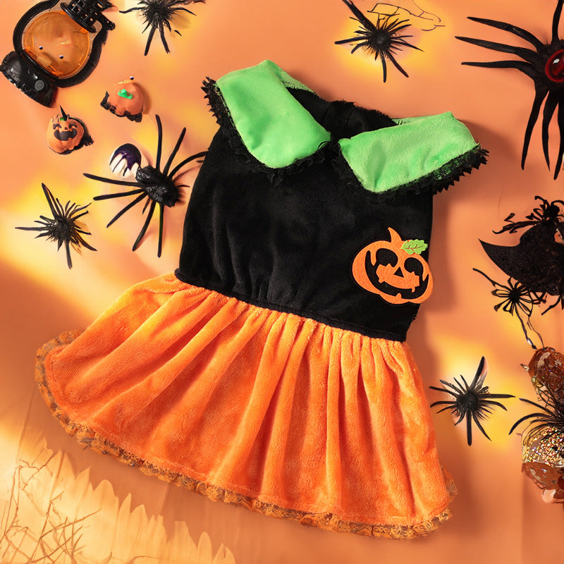 HKM-1836605 Classic Halloween Pumpkin Skirt Costume for Dogs and Cats - Crystal Velvet Pet Clothing