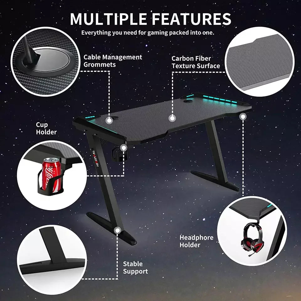 HKM-183763 Adjustable Height RGB Gaming Desk for PC, Modern Computer Table with LED Lighting