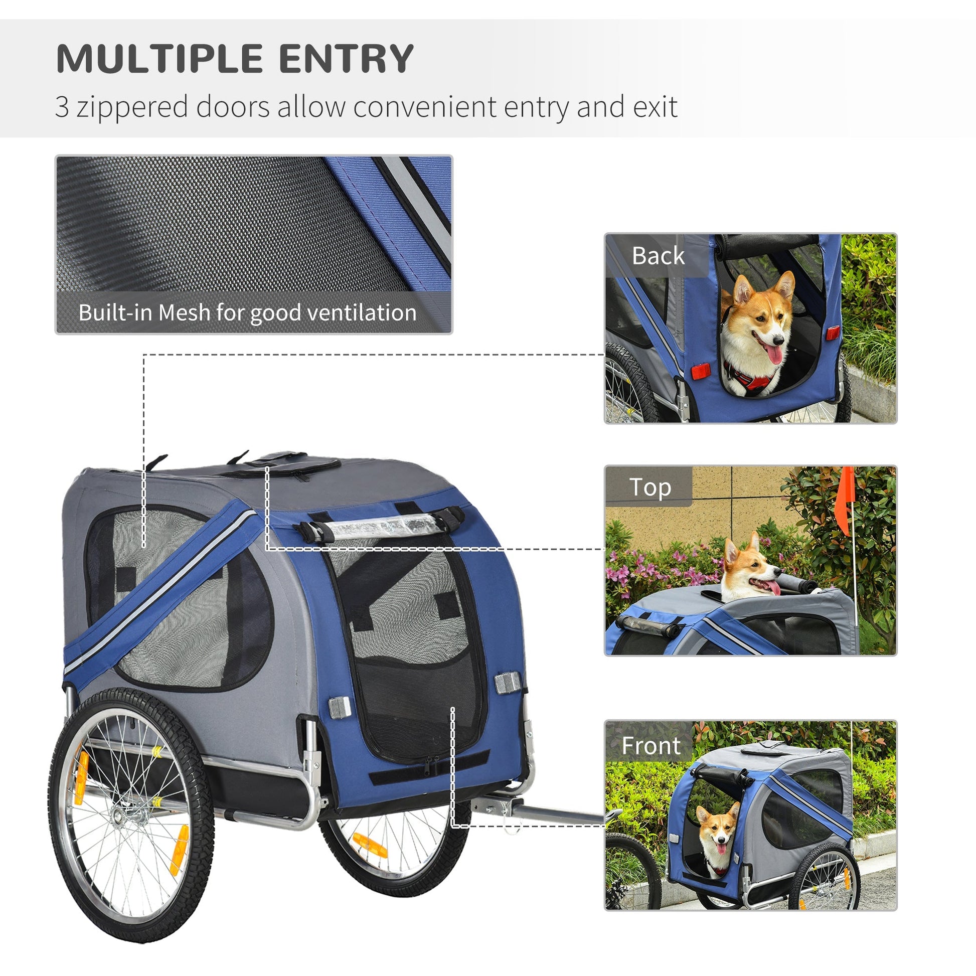 HKM-1841469 Pet Bicycle Trailer with Large Wheels, 3 Entrances & Weather-Resistant Canopy for Dogs and Pets, Blue/Gray