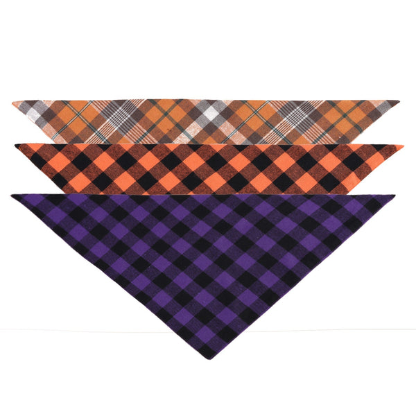 HKM-1843389 Check Pattern Cotton Triangle Scarf for Pets - Winter Wear in Purple Black, Orange Black, Orange White