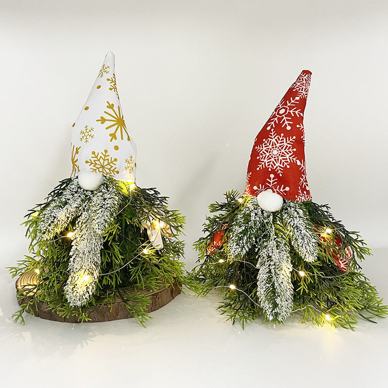HKM-184339 Golden Green Christmas Plant Decoration with Lights - Faceless Elderly Doll Ornament