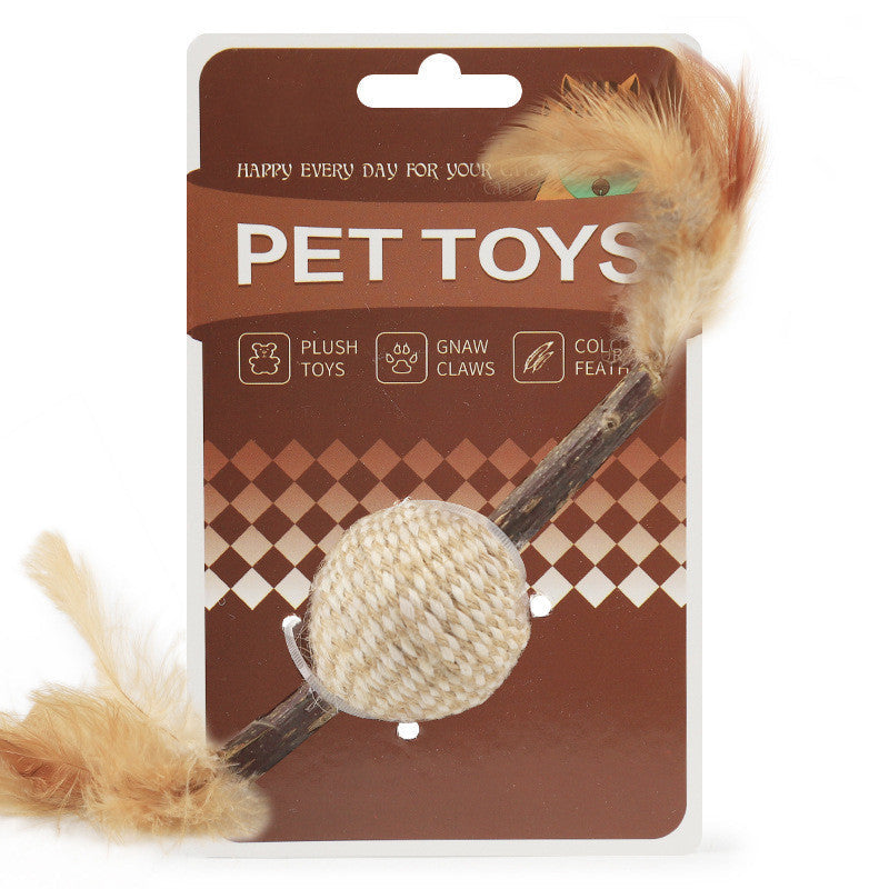 HKM-1844413 Cat Toy with Feather, Hemp Rope, and Wooden Ball for Nibbling and Play