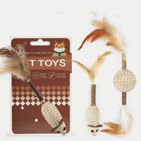 HKM-1844413 Cat Toy with Feather, Hemp Rope, and Wooden Ball for Nibbling and Play