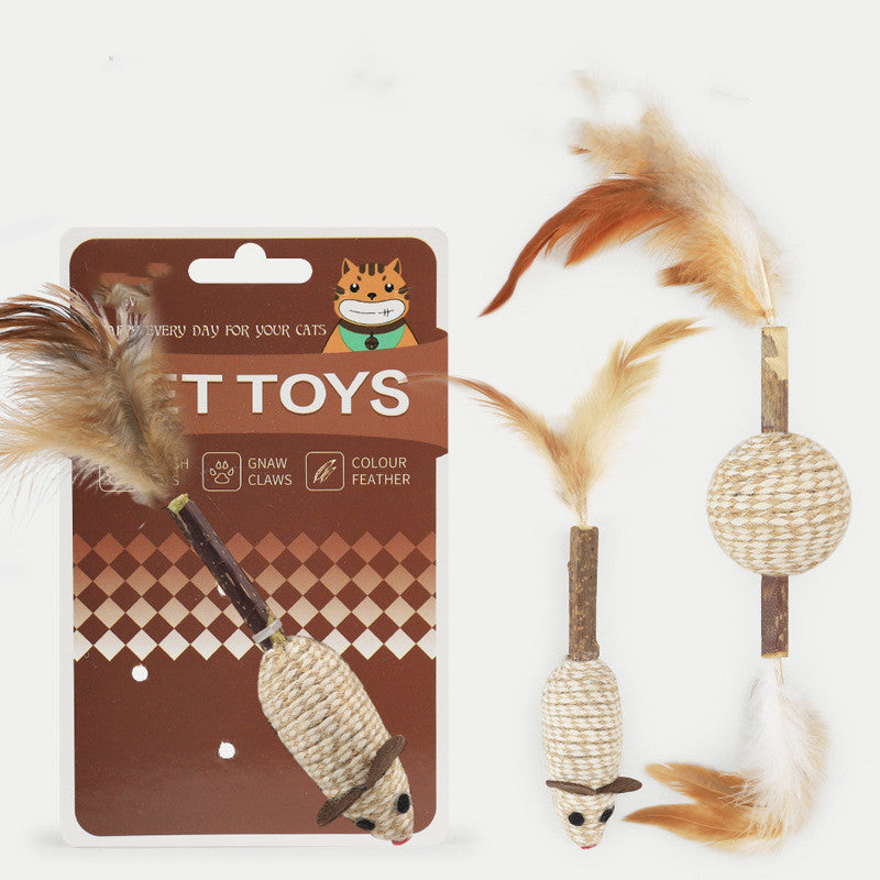 HKM-1844413 Cat Toy with Feather, Hemp Rope, and Wooden Ball for Nibbling and Play