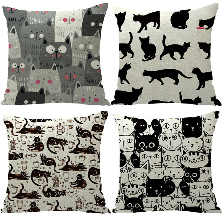 HKM-184595 Halloween Cat-Themed Linen Pillowcase Cushion Cover, 45x45 cm with Knitted and Embroidered Details