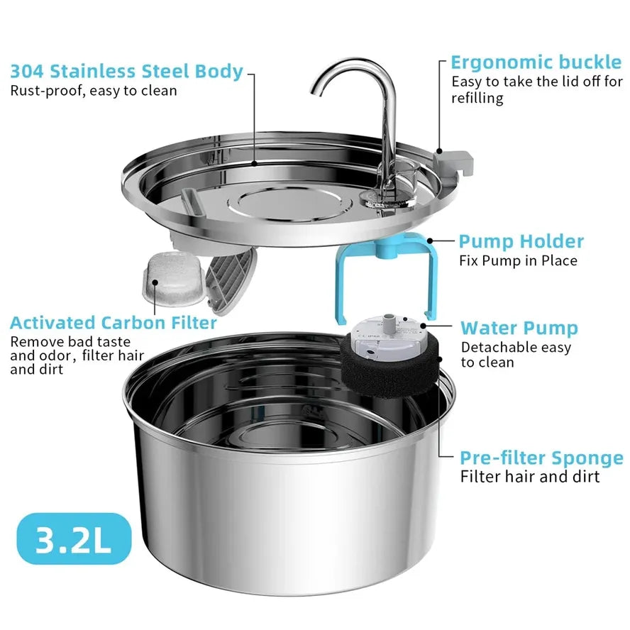 HKM-184659 Automatic Stainless Steel 3.2L Pet Water Fountain Dispenser for Dogs and Cats