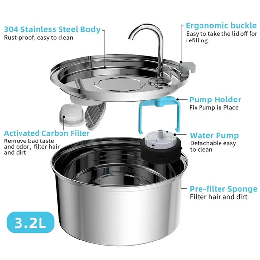 HKM-184659 Automatic Stainless Steel 3.2L Pet Water Fountain Dispenser for Dogs and Cats