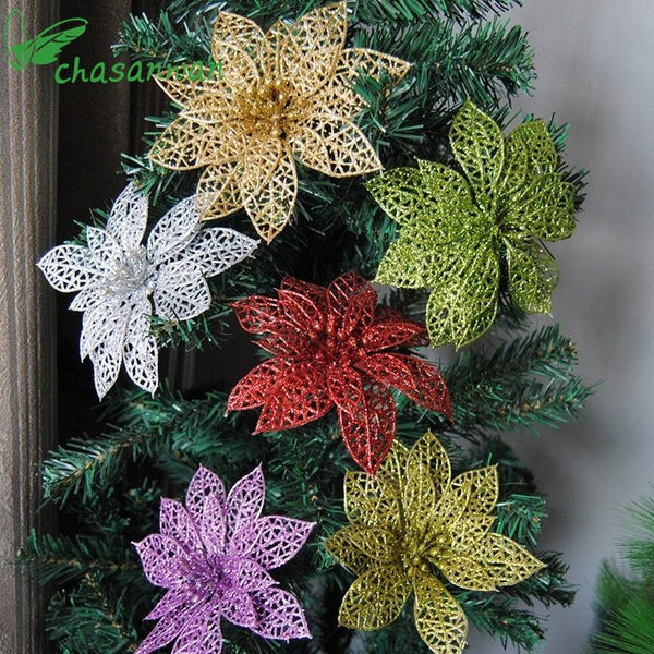 HKM-184659 Glittering Christmas Flower Ornaments - Set of 10, 6 Inches, Assorted Colors