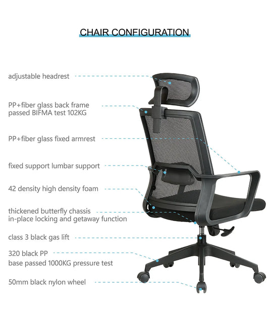 HKM-184915 Ergonomic Height Adjustable Mesh Office Chair with High Back and Headrest