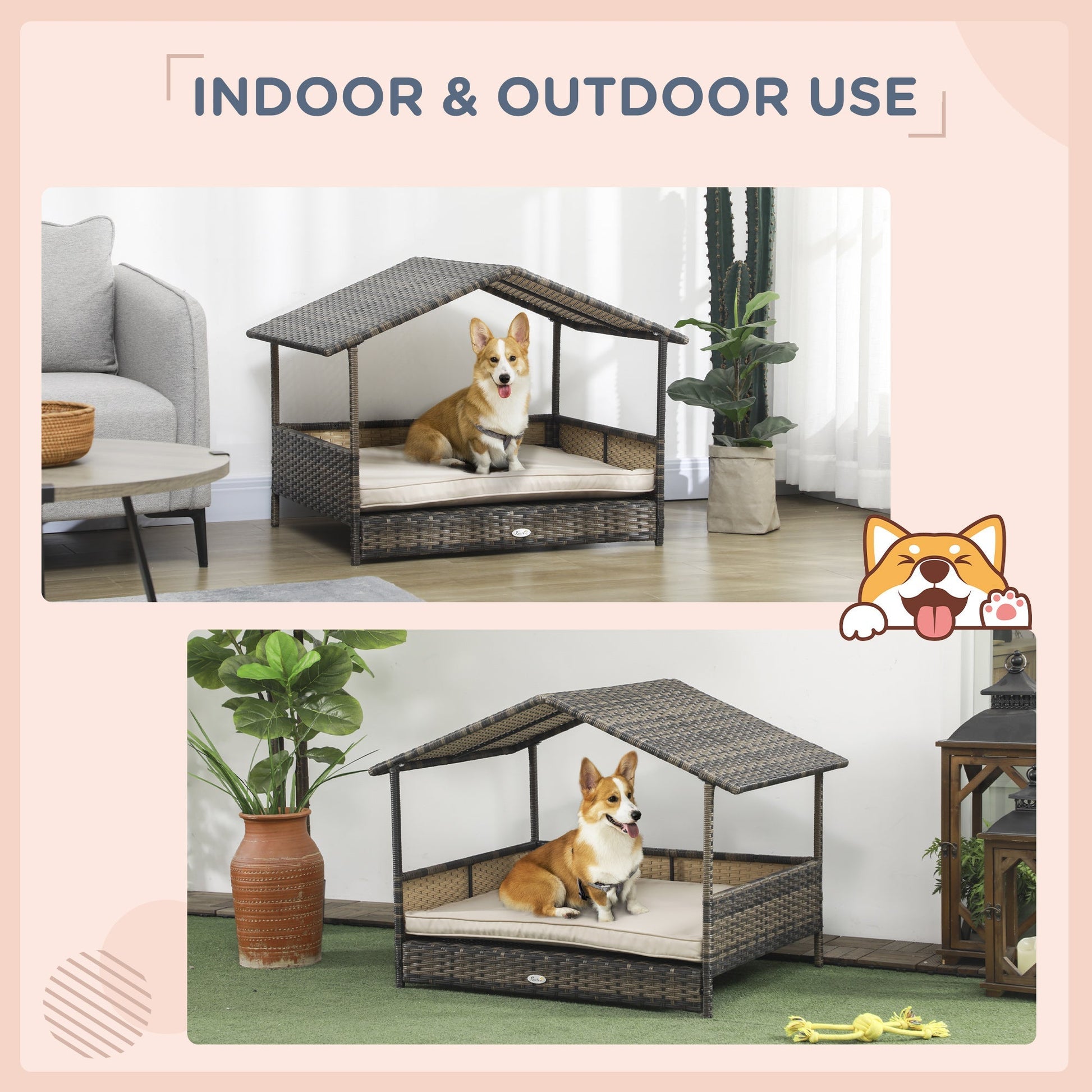 HKM-1850173 Khaki Wicker Dog House with Removable Cushion for Indoor and Outdoor Use