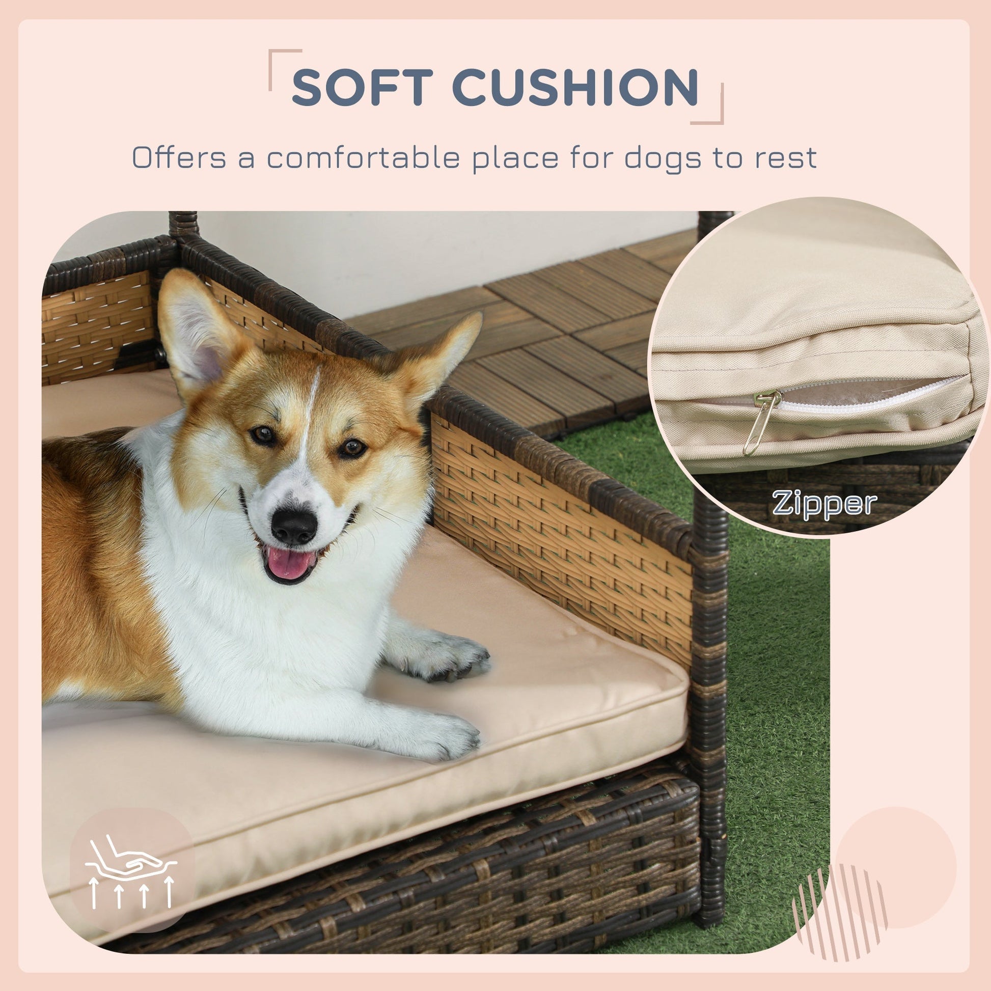 HKM-1850173 Khaki Wicker Dog House with Removable Cushion for Indoor and Outdoor Use