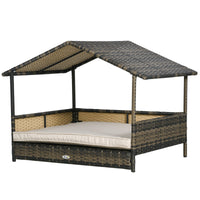 HKM-1850173 Khaki Wicker Dog House with Removable Cushion for Indoor and Outdoor Use