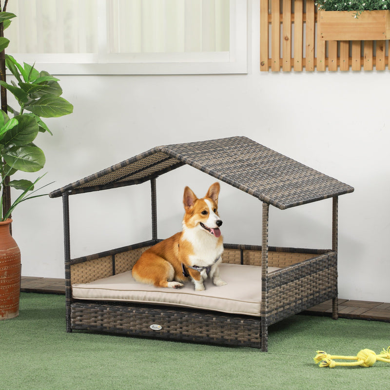 HKM-1850173 Khaki Wicker Dog House with Removable Cushion for Indoor and Outdoor Use