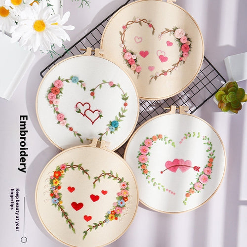 HKM-185043 DIY Heart-to-Heart Embroidery Kit for Valentine's Day - Cotton Cloth with 20cm Bamboo Ring and Taboret