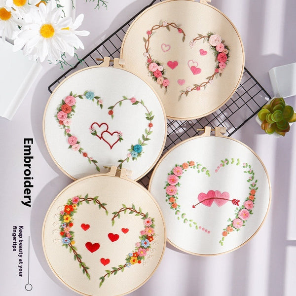 HKM-185043 DIY Heart-to-Heart Embroidery Kit for Valentine's Day - Cotton Cloth with 20cm Bamboo Ring and Taboret