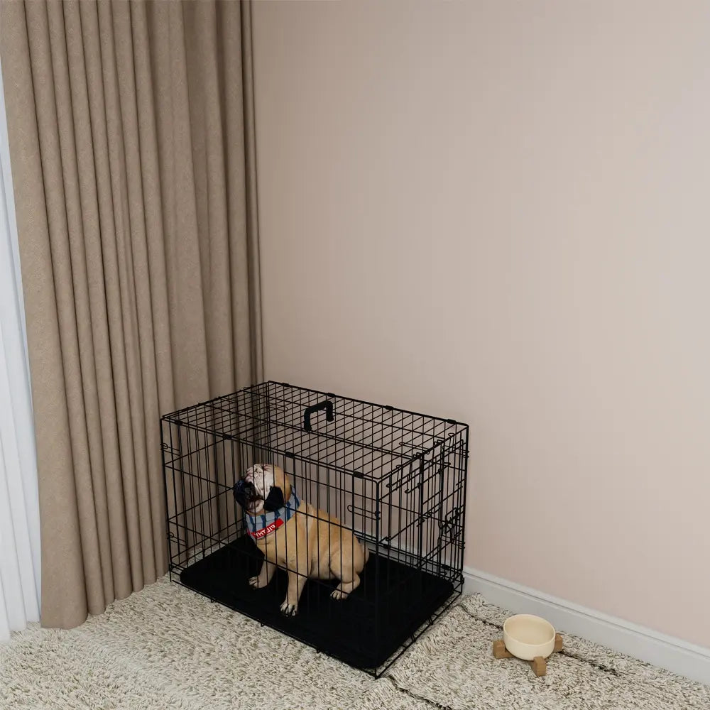 HKM-1855165 30-Inch Black Wire Dog Cage with Double Locking Mechanism, Dual Door Access, and Single Handle Design