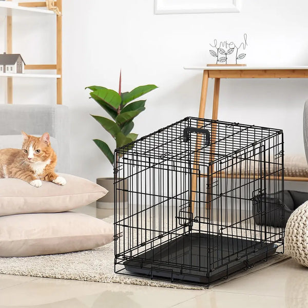 HKM-1855165 30-Inch Black Wire Dog Cage with Double Locking Mechanism, Dual Door Access, and Single Handle Design