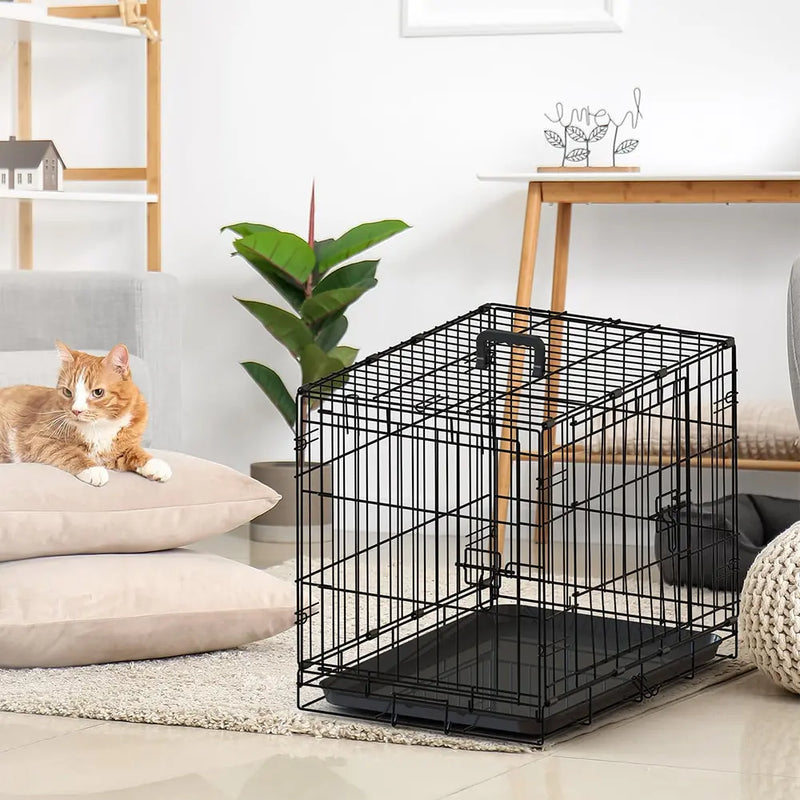 HKM-1855165 30-Inch Black Wire Dog Cage with Double Locking Mechanism, Dual Door Access, and Single Handle Design