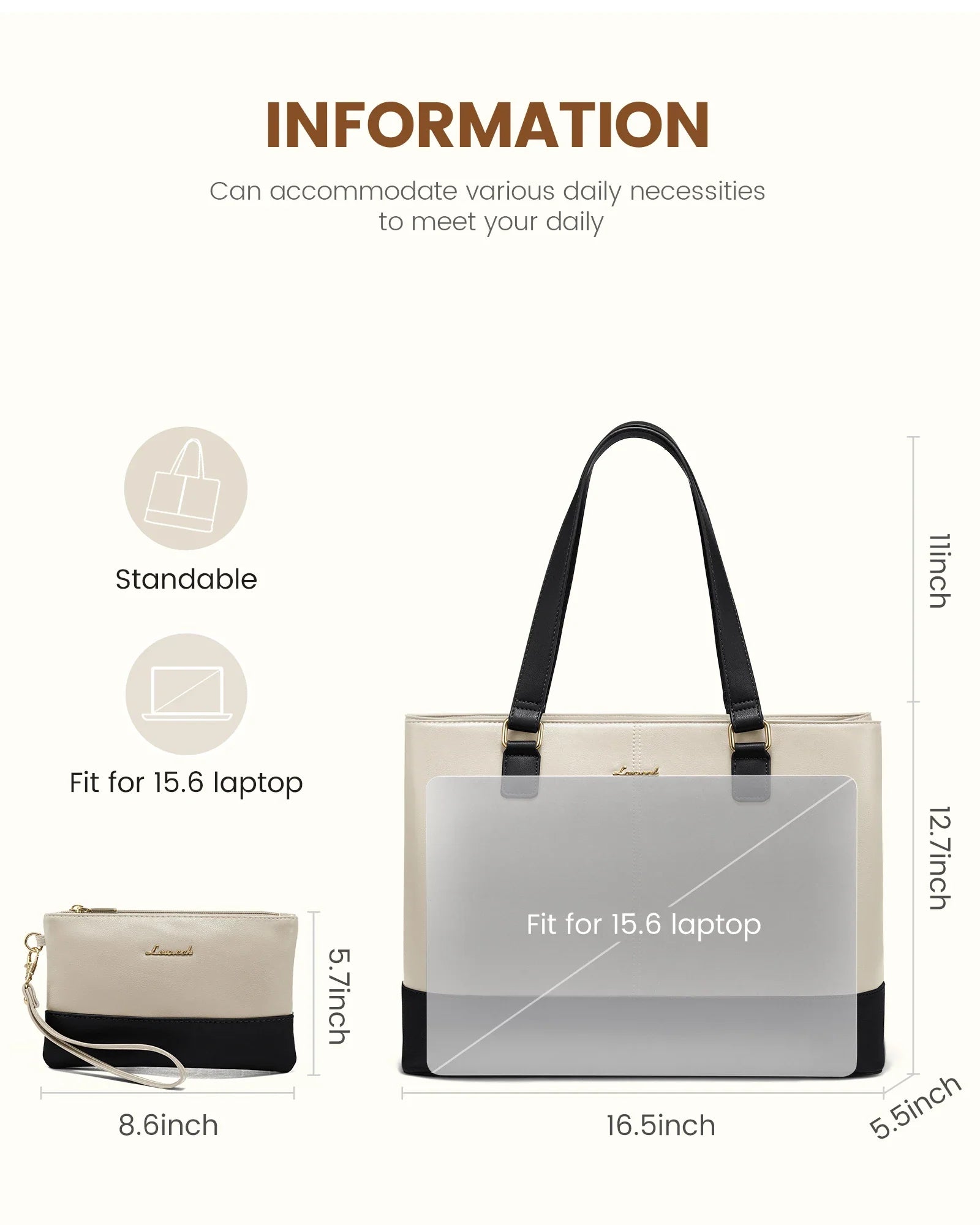 HKM-185747 Professional Waterproof Leather Laptop Tote Bag for Women - 15.6 Inch Briefcase with Clutch for Work