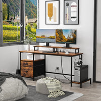 HKM-186067 Large Rustic Brown Computer Desk with 2 Removable Monitor Stands, CPU Stand, and Hooks for Home Office Use