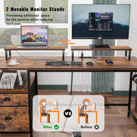 HKM-186067 Large Rustic Brown Computer Desk with 2 Removable Monitor Stands, CPU Stand, and Hooks for Home Office Use