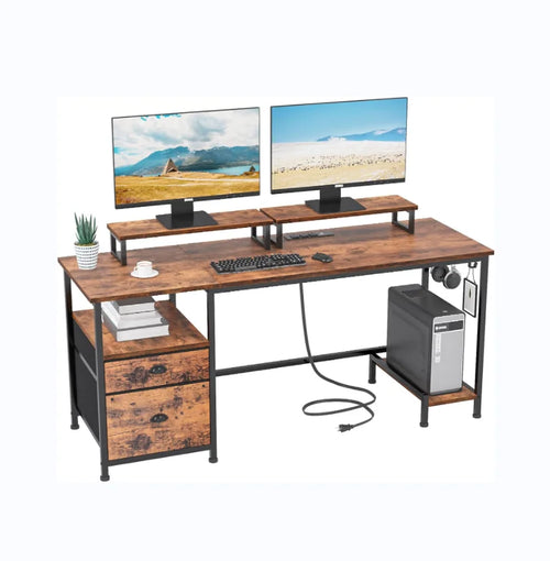 HKM-186067 Large Rustic Brown Computer Desk with 2 Removable Monitor Stands, CPU Stand, and Hooks for Home Office Use