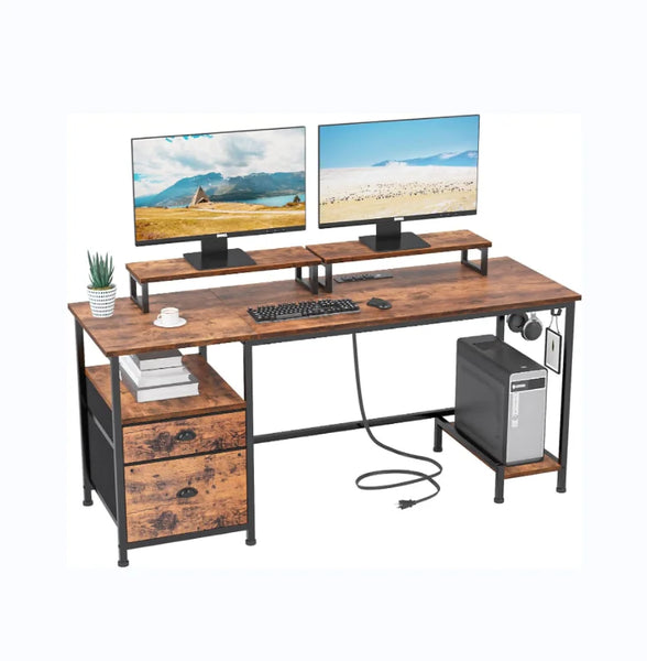 HKM-186067 Large Rustic Brown Computer Desk with 2 Removable Monitor Stands, CPU Stand, and Hooks for Home Office Use