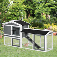 HKM-1860925 Wooden Rabbit Hutch with Run, Tray, and Ramp for Small Pets in White