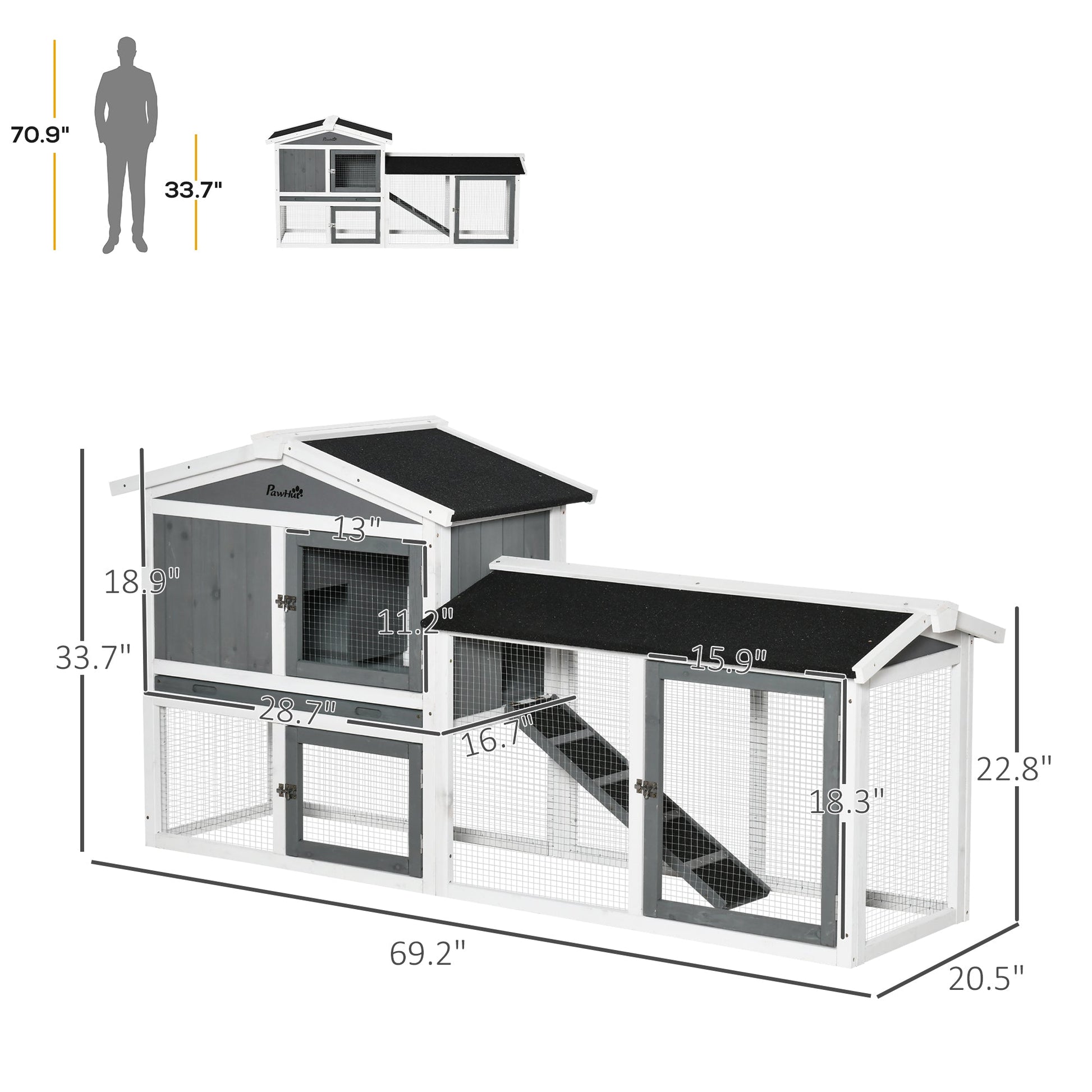 HKM-1860925 Wooden Rabbit Hutch with Run, Tray, and Ramp for Small Pets in White