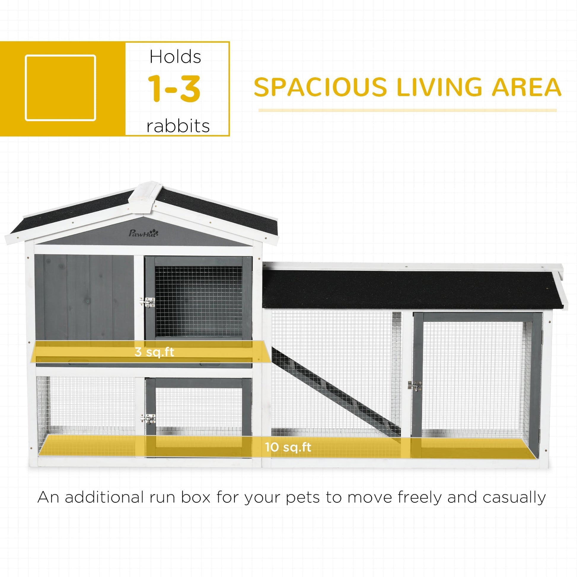 HKM-1860925 Wooden Rabbit Hutch with Run, Tray, and Ramp for Small Pets in White
