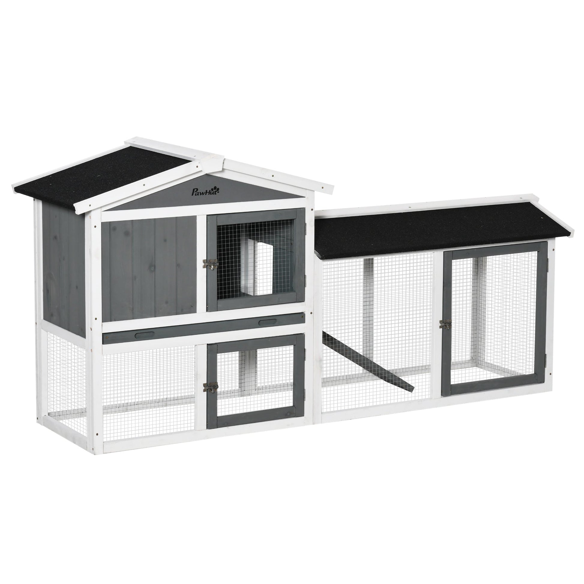 HKM-1860925 Wooden Rabbit Hutch with Run, Tray, and Ramp for Small Pets in White