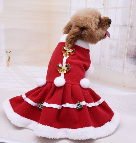 HKM-1861437 Cozy Red Fleece Christmas Skirt for Dogs - Warm Pet Dress for Autumn and Winter