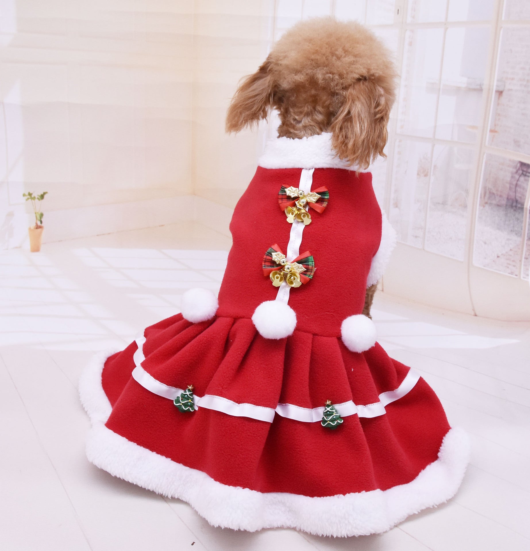 HKM-1861437 Cozy Red Fleece Christmas Skirt for Dogs - Warm Pet Dress for Autumn and Winter