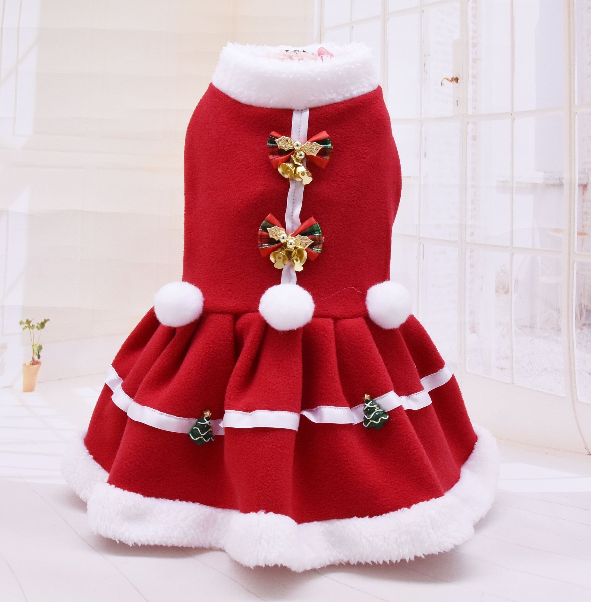 HKM-1861437 Cozy Red Fleece Christmas Skirt for Dogs - Warm Pet Dress for Autumn and Winter