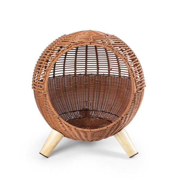 HKM-186195 Rattan Woven Round Cat Bed with Climbing Frame and Warm Litter Villa for Pets up to 7.5 kg
