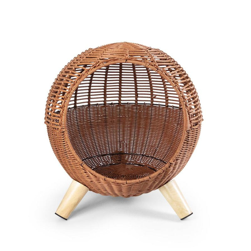 HKM-186195 Rattan Woven Round Cat Bed with Climbing Frame and Warm Litter Villa for Pets up to 7.5 kg