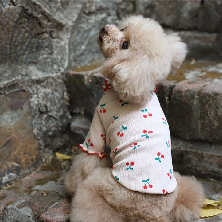 HKM-1862845 Cherry Print Cotton Wavy Edge Dog Top for All Sizes in Blue, White, and Pink