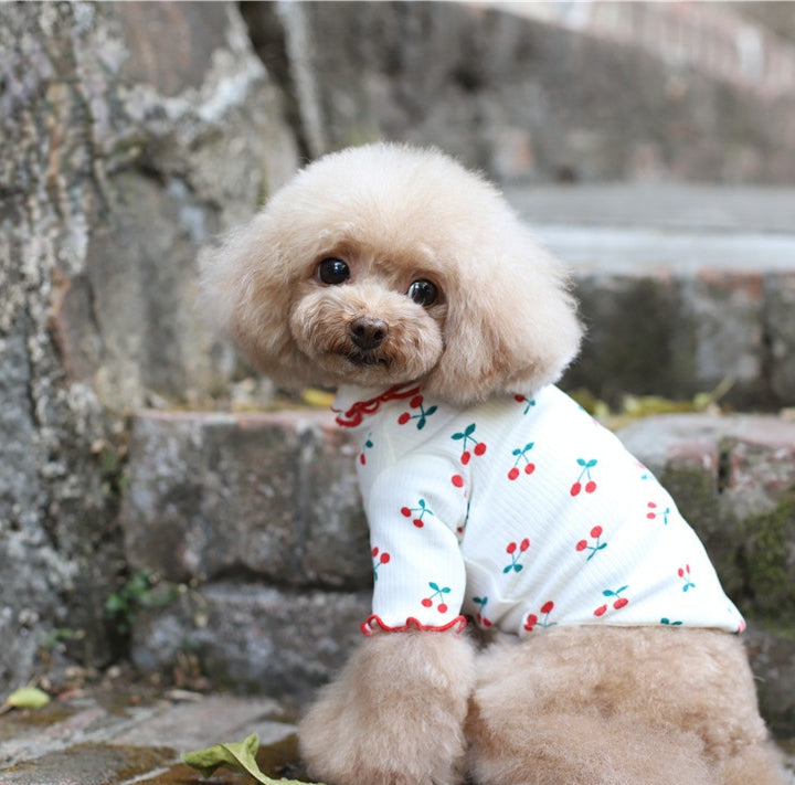 HKM-1862845 Cherry Print Cotton Wavy Edge Dog Top for All Sizes in Blue, White, and Pink