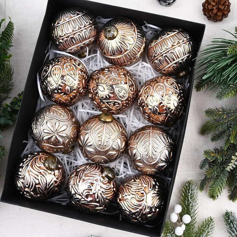 HKM-186323 Retro Christmas Ball Set - 12pcs 8CM Decorative Ornaments in Brown and White Gold, Half-Handmade Plastic
