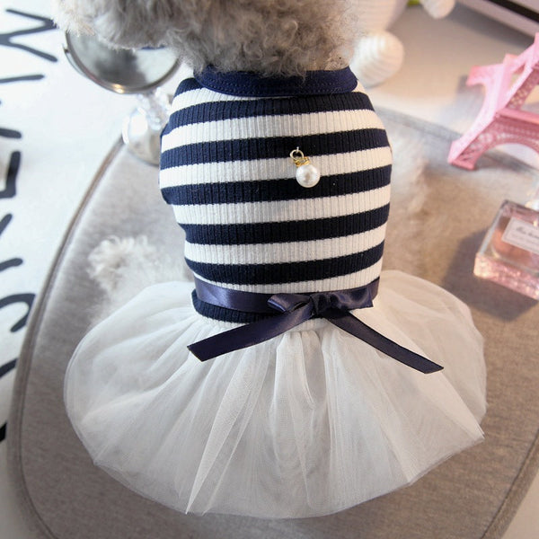HKM-1863613 Navy and Coffee Striped Cotton Summer Skirt for Small Dogs