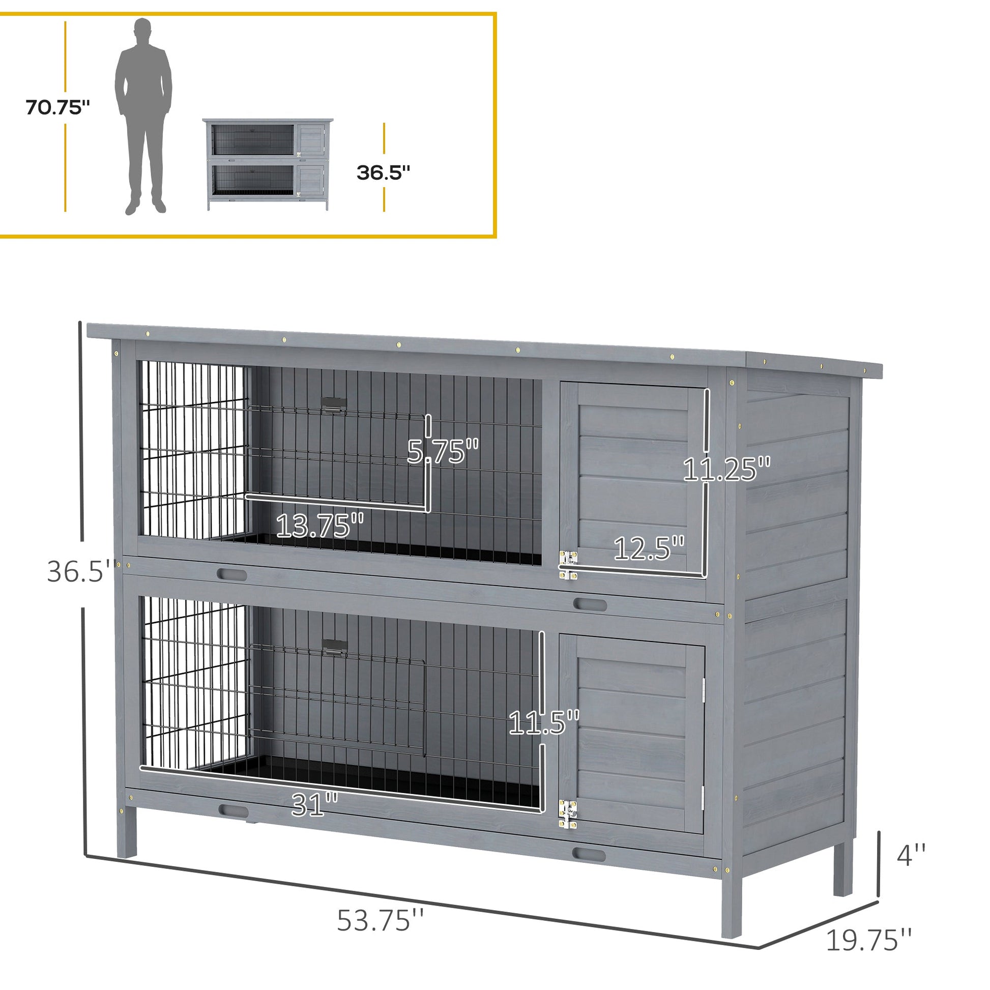 HKM-1866685 2-Story Wooden Rabbit Hutch with Waterproof Roof and Lockable Doors, Gray Small Animal Habitat