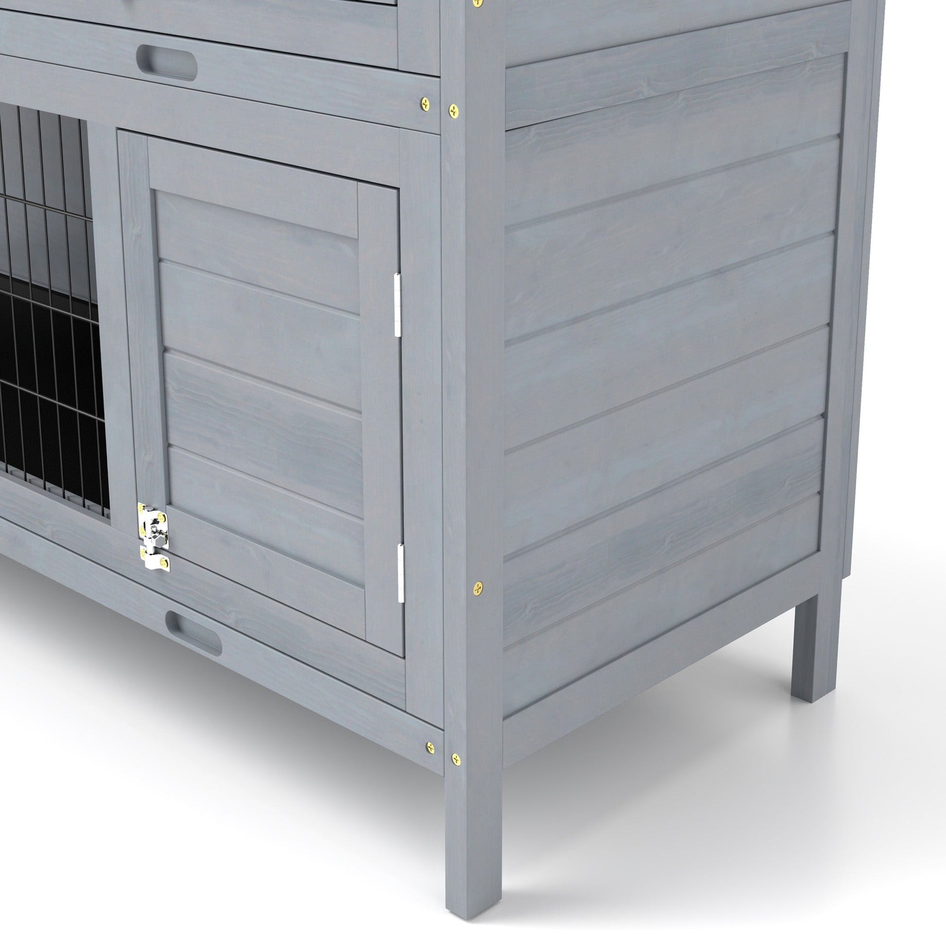 HKM-1866685 2-Story Wooden Rabbit Hutch with Waterproof Roof and Lockable Doors, Gray Small Animal Habitat