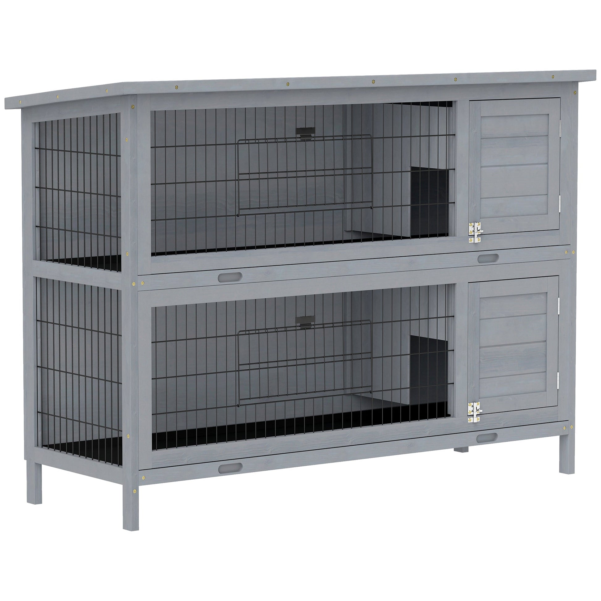 HKM-1866685 2-Story Wooden Rabbit Hutch with Waterproof Roof and Lockable Doors, Gray Small Animal Habitat