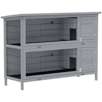 HKM-1866685 2-Story Wooden Rabbit Hutch with Waterproof Roof and Lockable Doors, Gray Small Animal Habitat